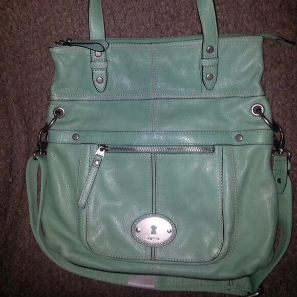 FOSSIL MACKENNA-Turquoise/SeaGlass Leather-Foldover Tote Messenger Crossbody-NWT - Picture 1 of 7